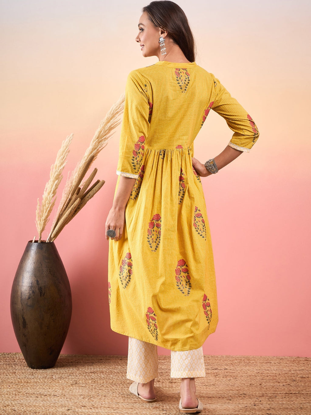 InWeave Yellow Striped V Neck Lace Front Slit Kurta Pant Set