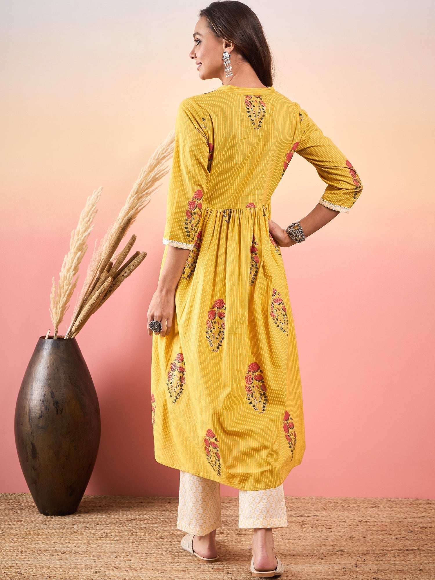 InWeave Yellow Striped V Neck Lace Front Slit Kurta Pant Set