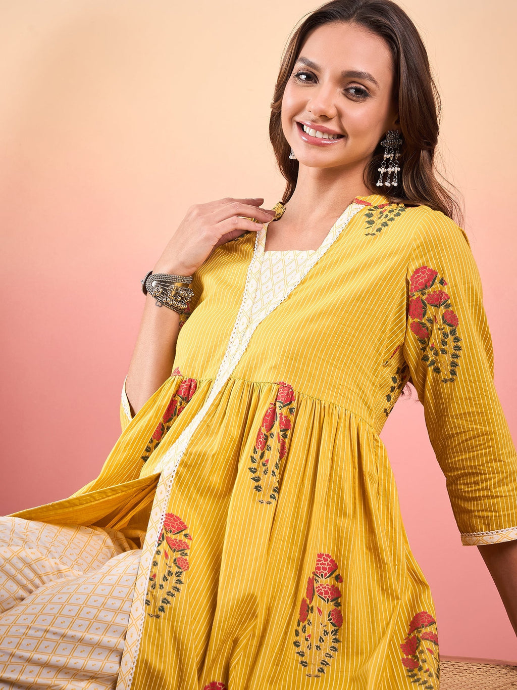 InWeave Yellow Striped V Neck Lace Front Slit Kurta Pant Set