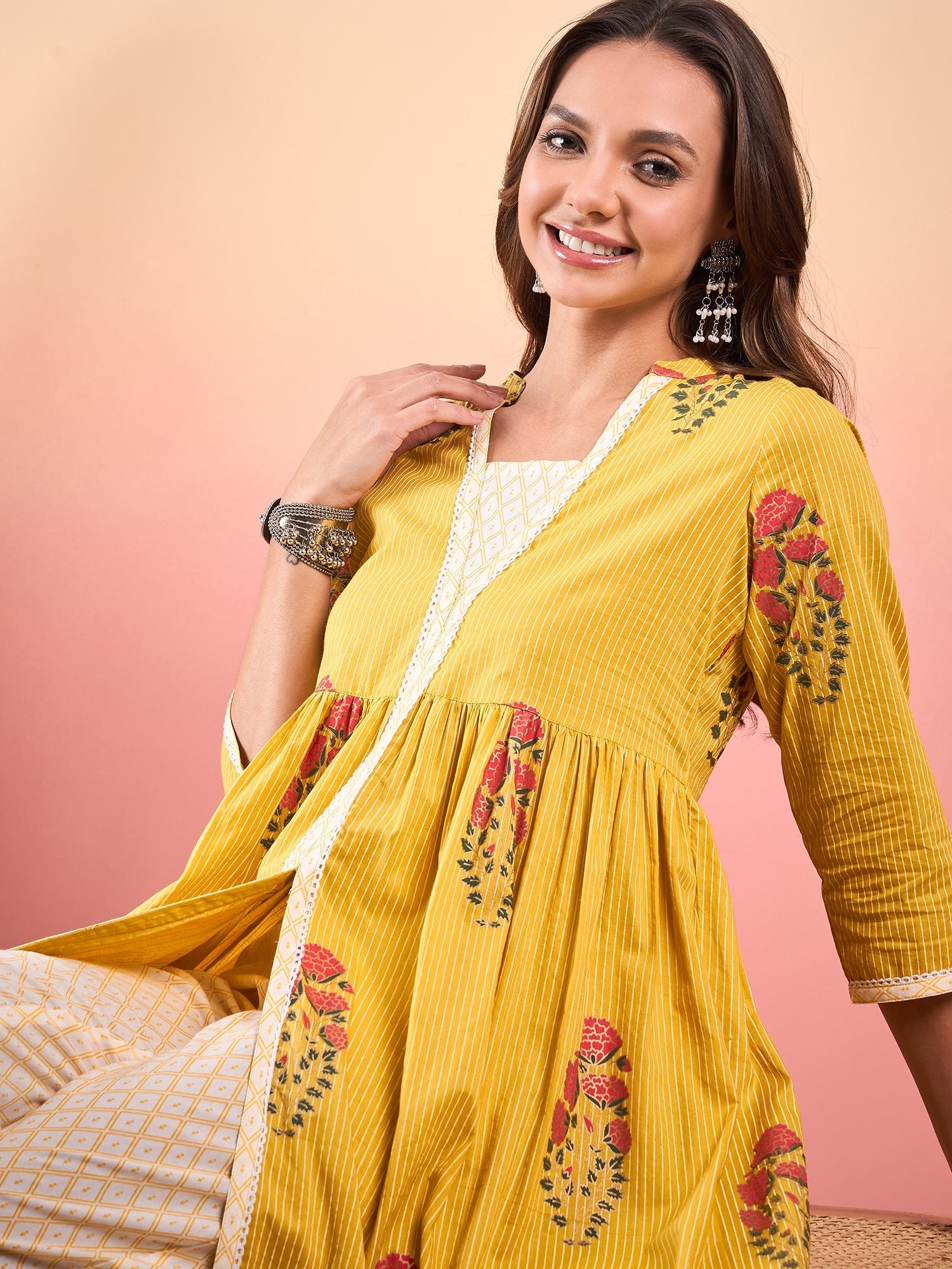 InWeave Yellow Striped V Neck Lace Front Slit Kurta Pant Set