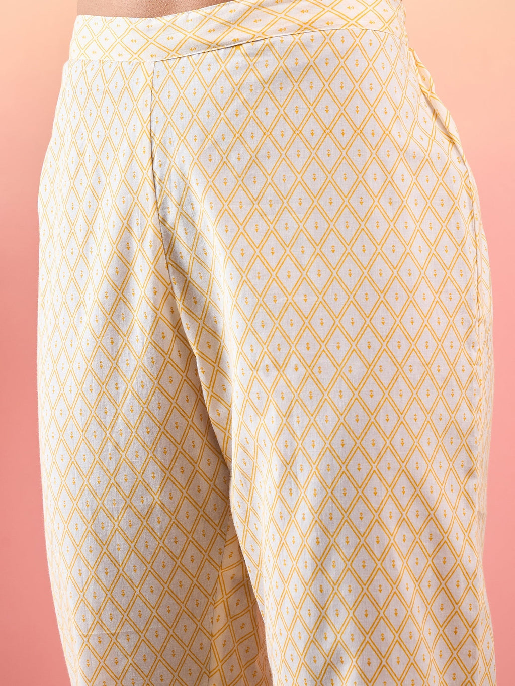 InWeave Yellow Striped V Neck Lace Front Slit Kurta Pant Set