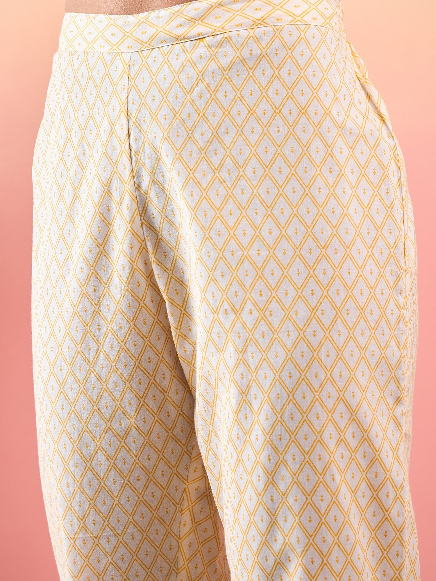 InWeave Yellow Striped V Neck Lace Front Slit Kurta Pant Set