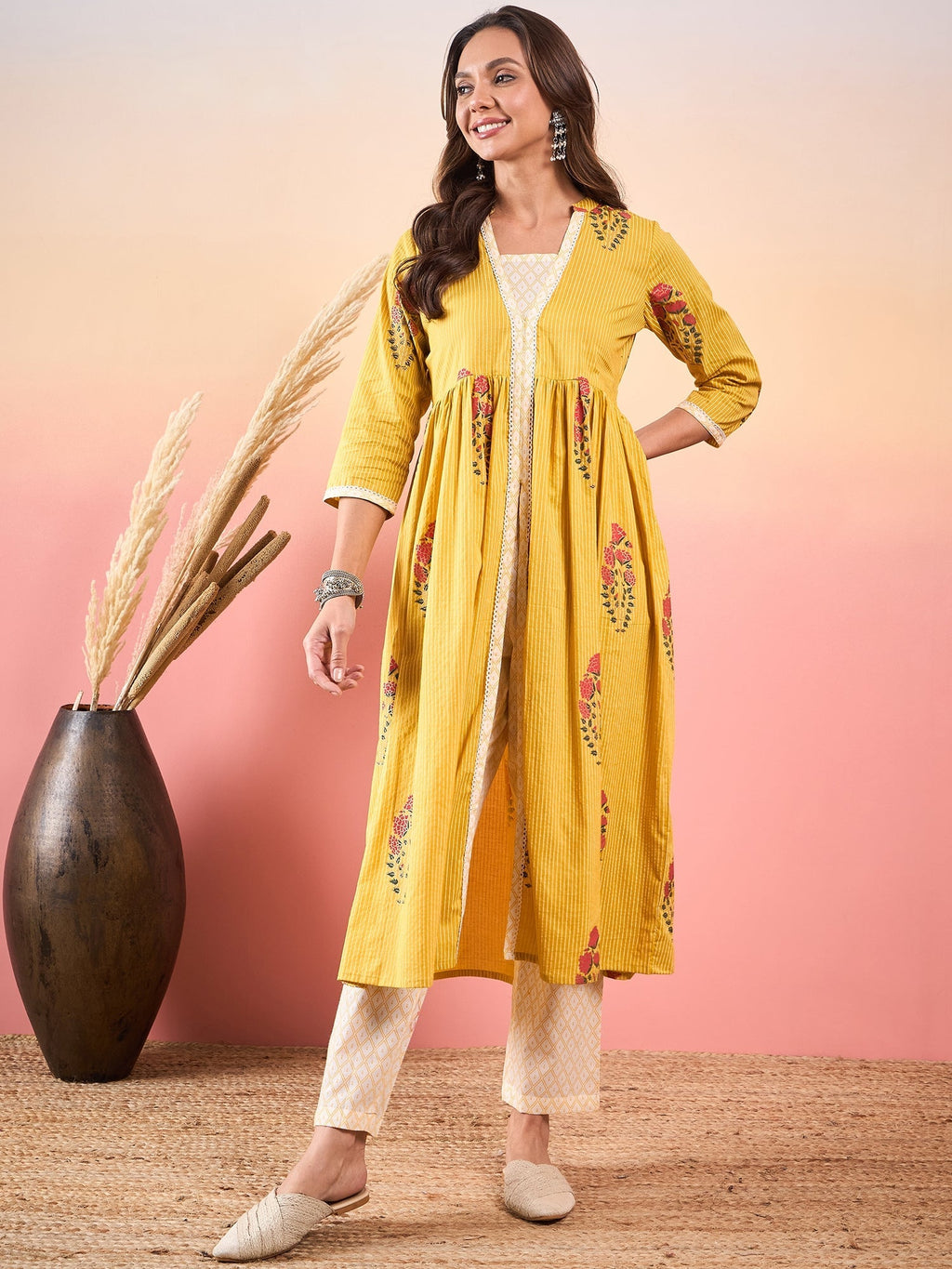 InWeave Yellow Striped V Neck Lace Front Slit Kurta Pant Set