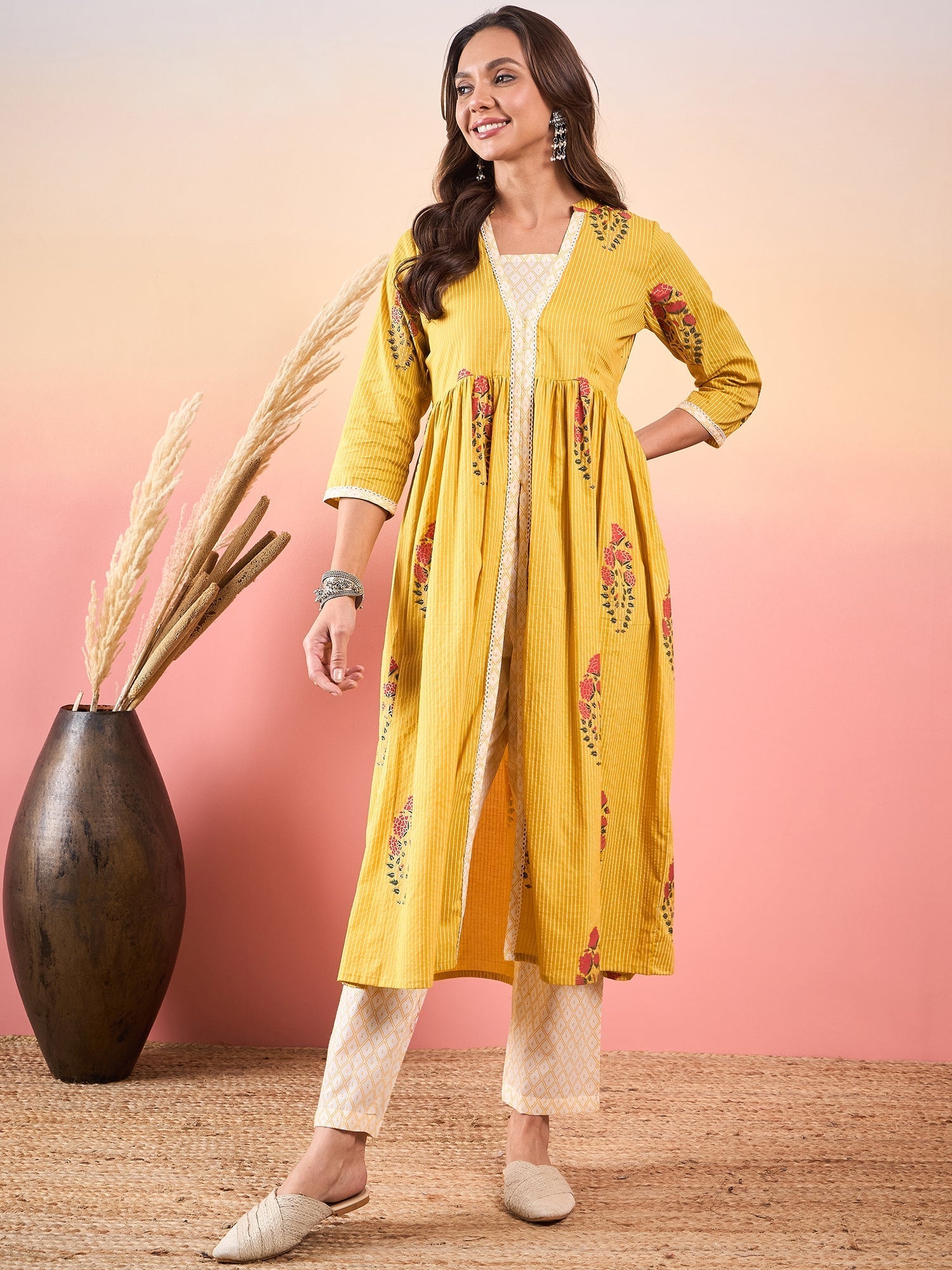 InWeave Yellow Striped V Neck Lace Front Slit Kurta Pant Set