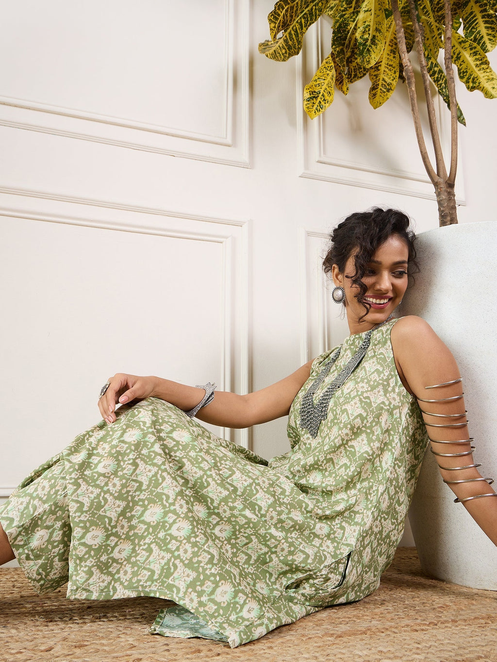 InWeave Apple Green Ikkat Print Foil Round Neck Kurta Pant Set