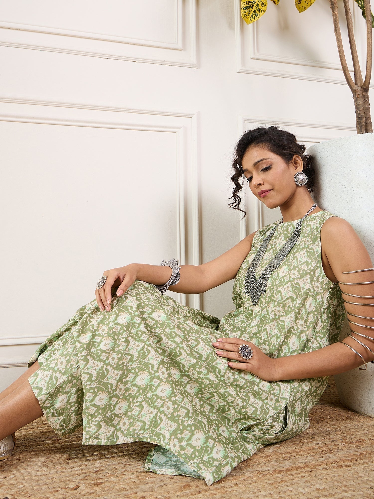 InWeave Apple Green Ikkat Print Foil Round Neck Kurta Pant Set
