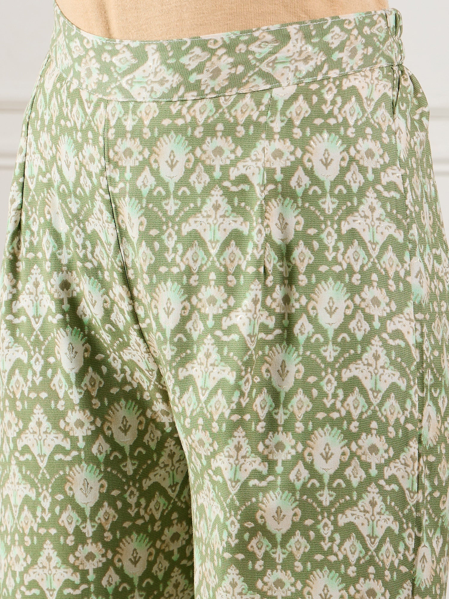 InWeave Apple Green Ikkat Print Foil Round Neck Kurta Pant Set
