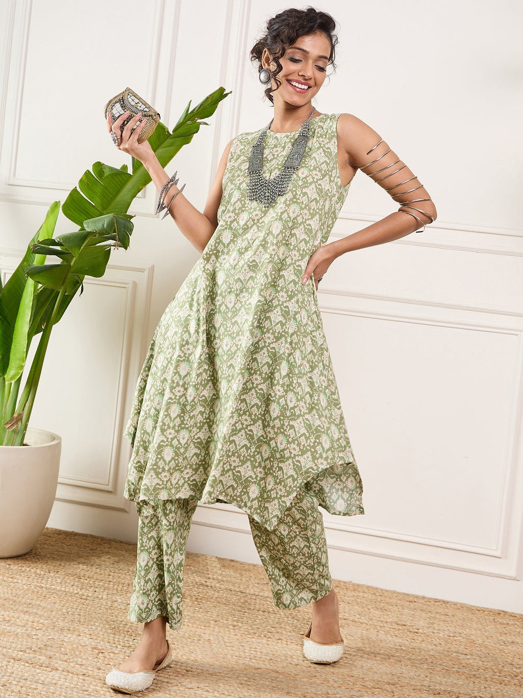 InWeave Apple Green Ikkat Print Foil Round Neck Kurta Pant Set