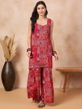 InWeave Orange Red Unique Foil Sweetheart Neck Sharara Set