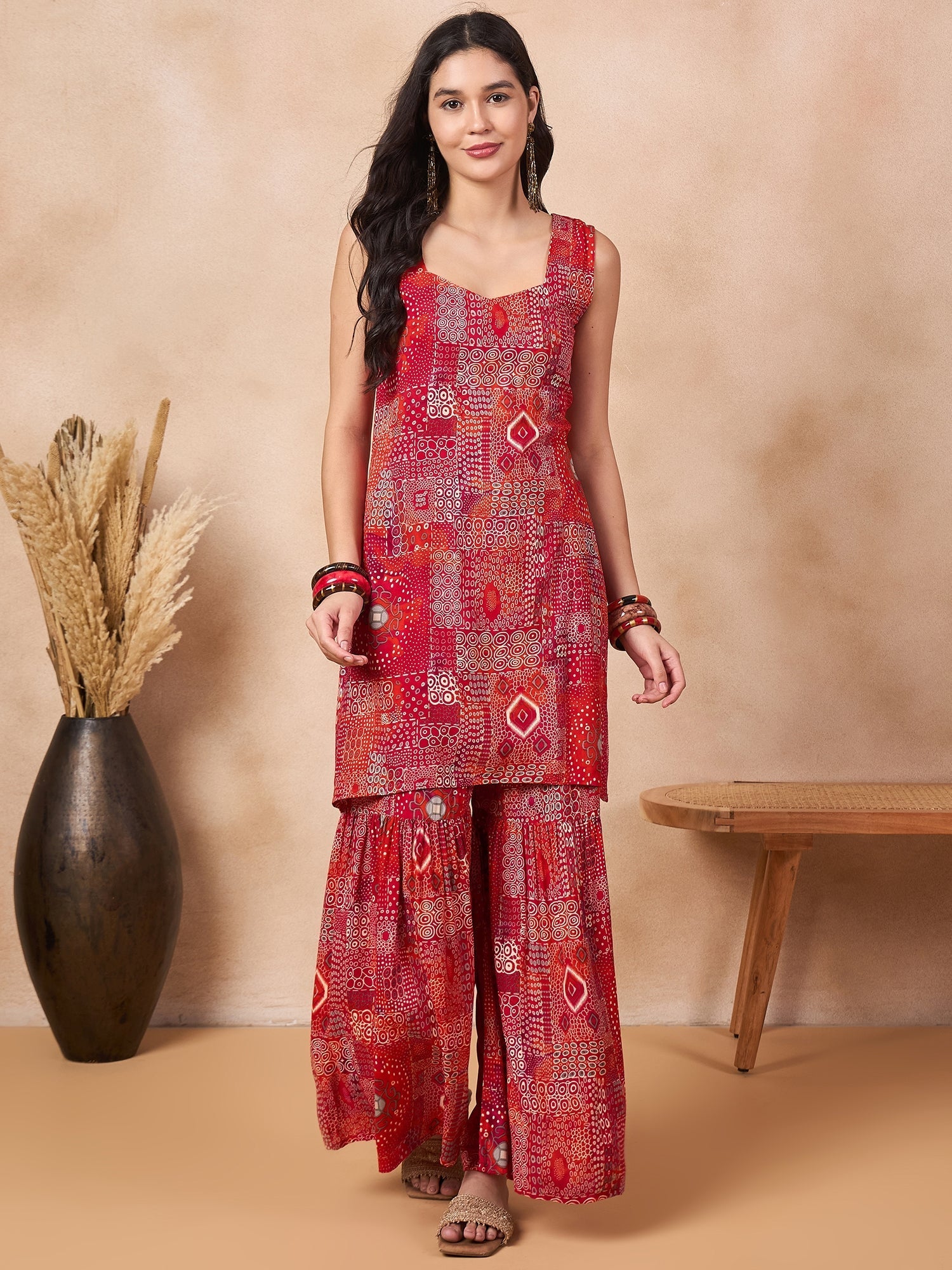 InWeave Orange Red Unique Foil Sweetheart Neck Sharara Set