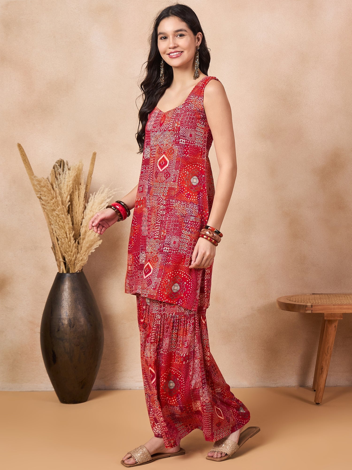 InWeave Orange Red Unique Foil Sweetheart Neck Sharara Set