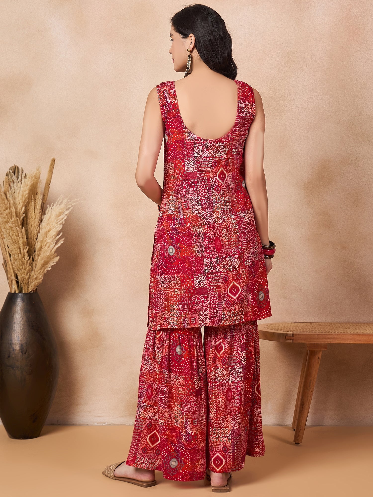 InWeave Orange Red Unique Foil Sweetheart Neck Sharara Set