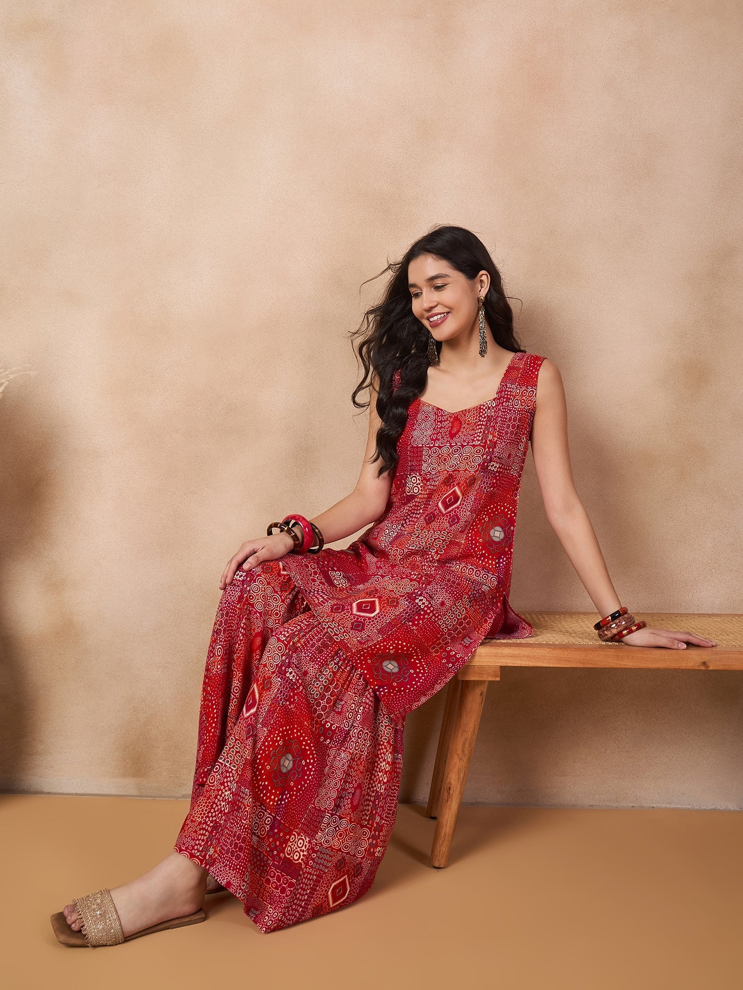 InWeave Orange Red Unique Foil Sweetheart Neck Sharara Set