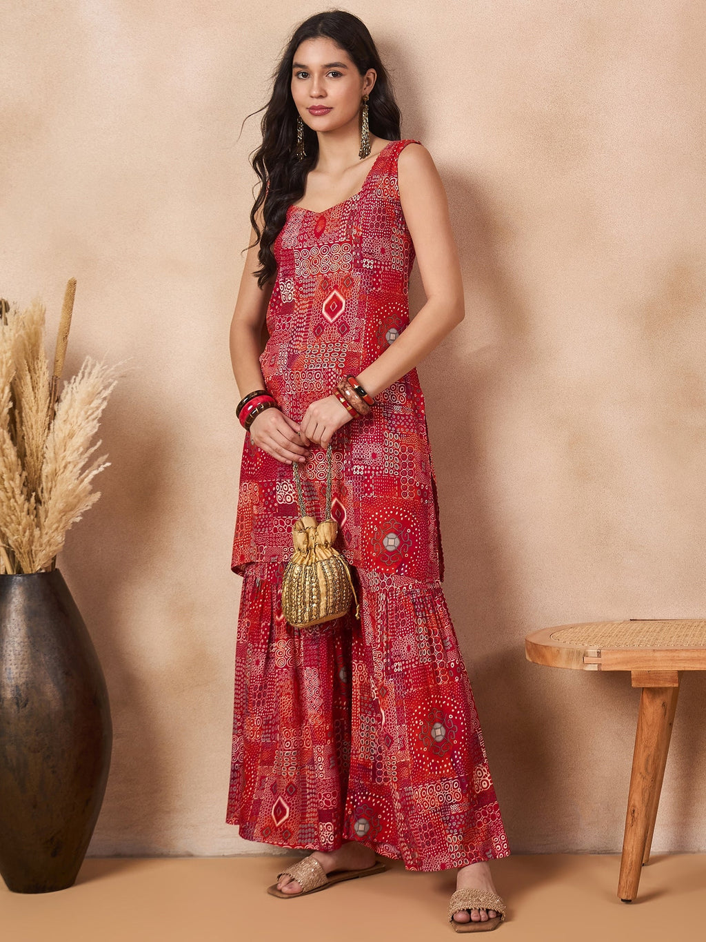 InWeave Orange Red Unique Foil Sweetheart Neck Sharara Set