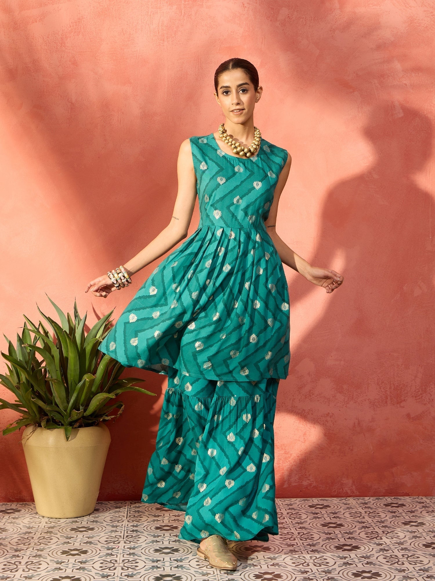 InWeave Dark Teal Foil Boota Round Neck W/S Sharara Set