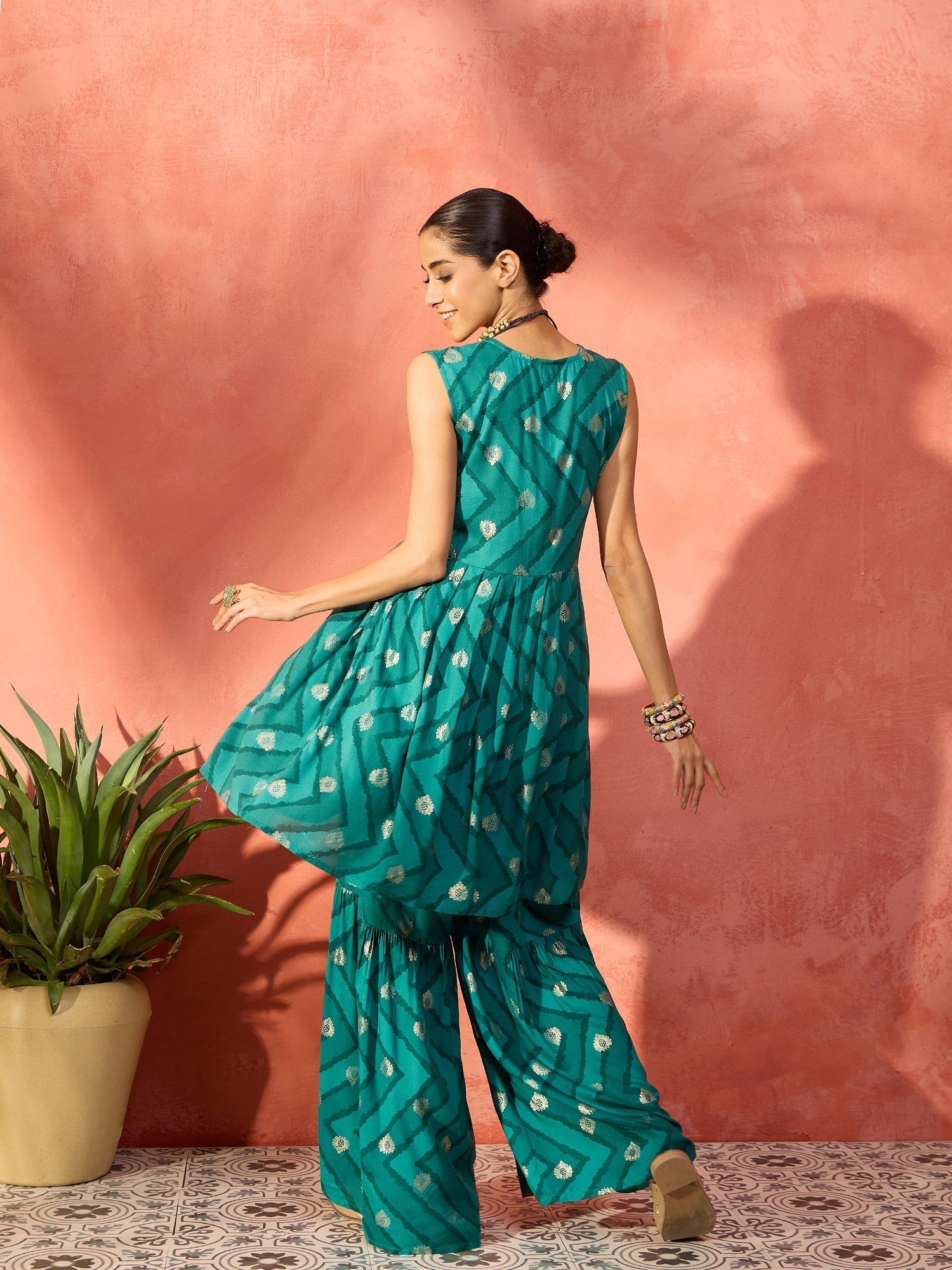 InWeave Dark Teal Foil Boota Round Neck W/S Sharara Set