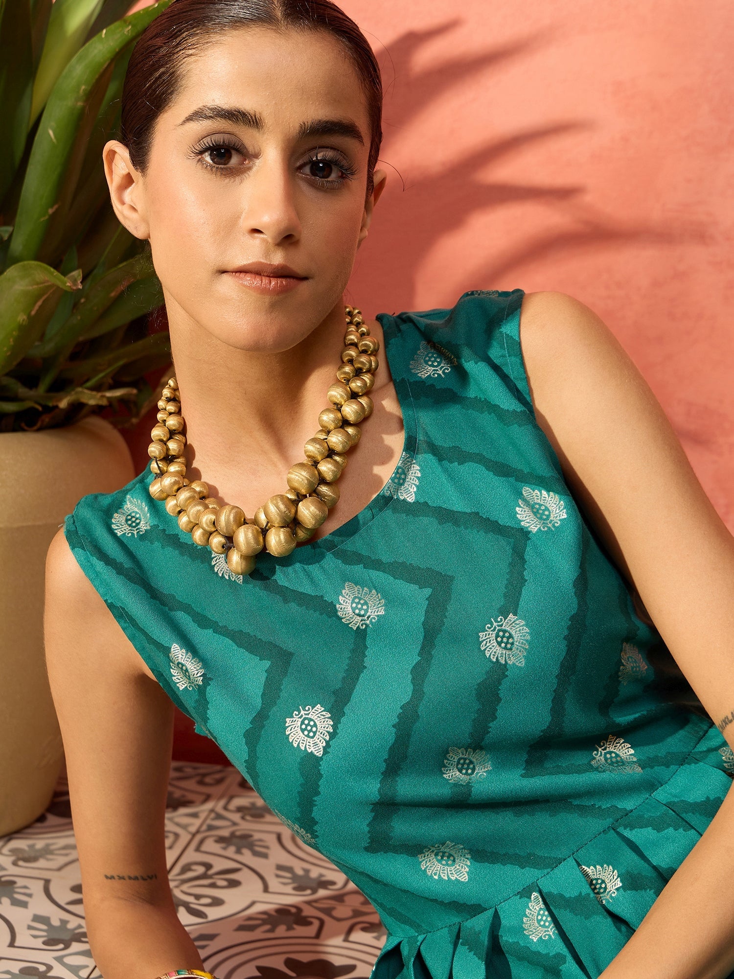 InWeave Dark Teal Foil Boota Round Neck W/S Sharara Set