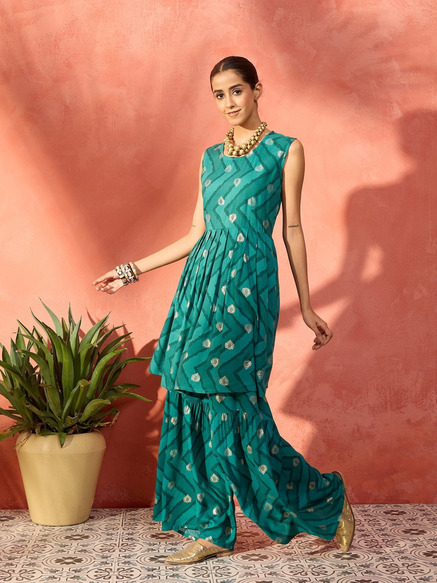 InWeave Dark Teal Foil Boota Round Neck W/S Sharara Set