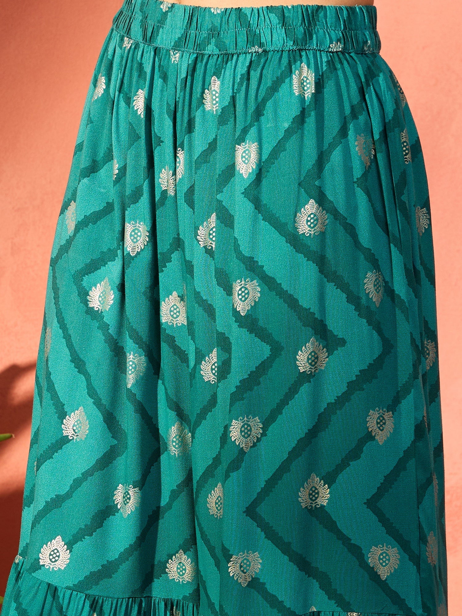 InWeave Dark Teal Foil Boota Round Neck W/S Sharara Set