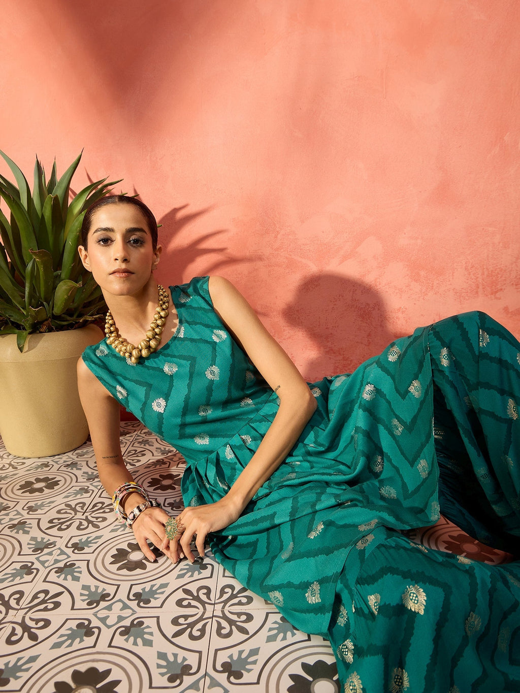 InWeave Dark Teal Foil Boota Round Neck W/S Sharara Set