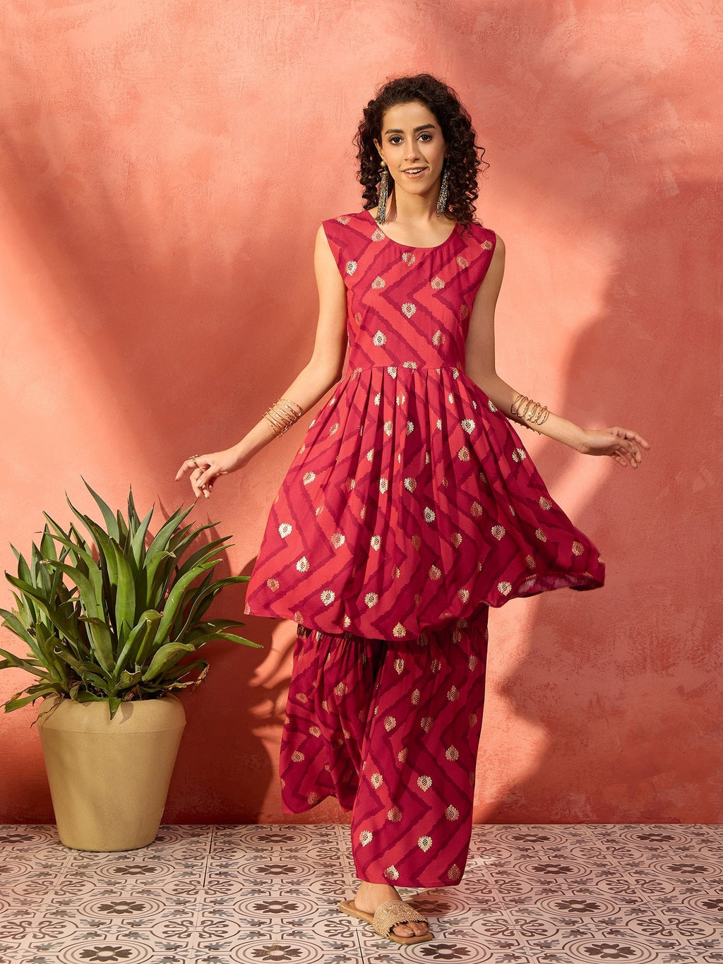 InWeave Maroon Burgundy Foil Boota Round Neck W/S Sharara Set