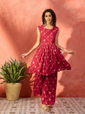 InWeave Maroon Burgundy Foil Boota Round Neck W/S Sharara Set