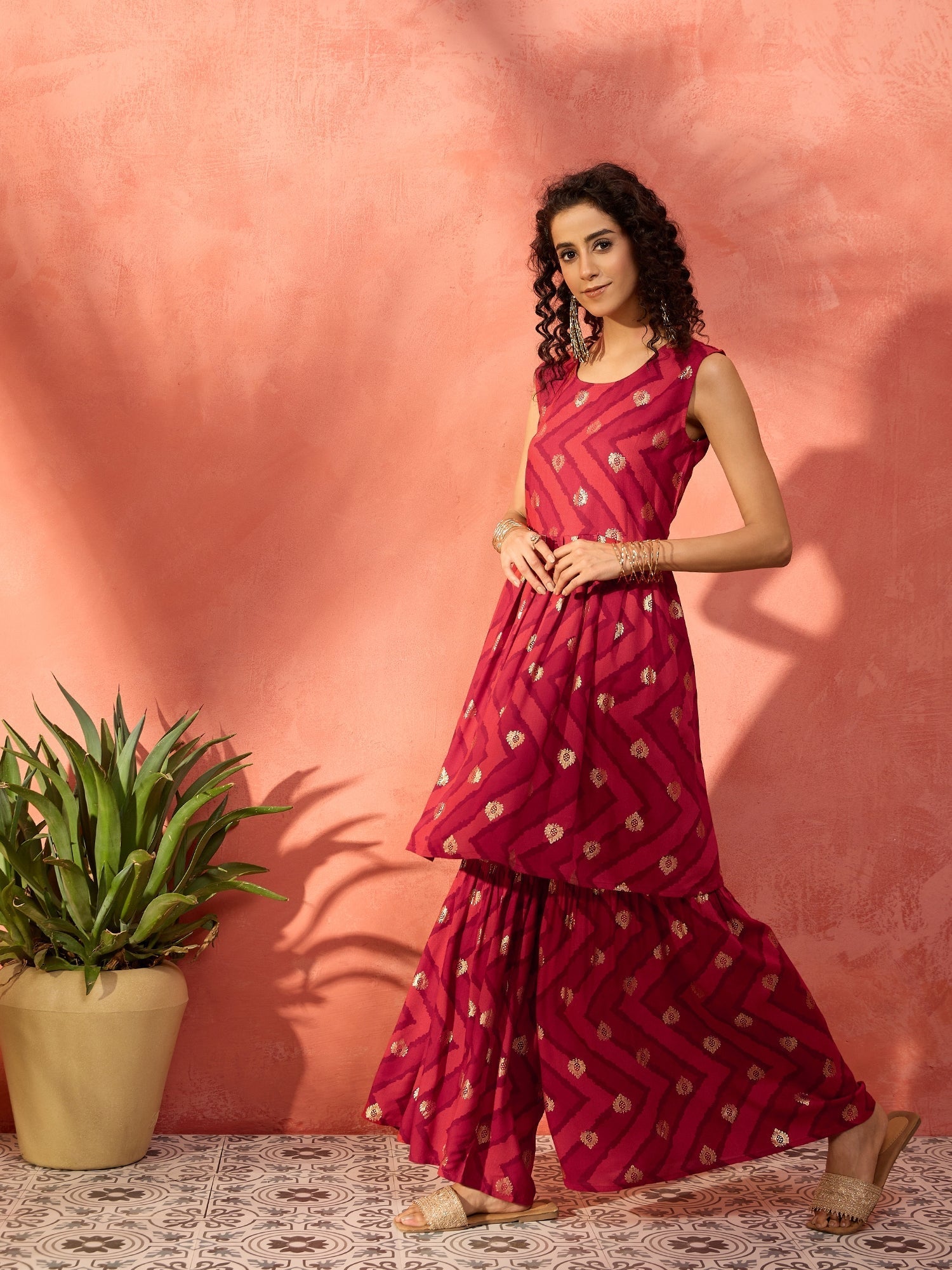 InWeave Maroon Burgundy Foil Boota Round Neck W/S Sharara Set