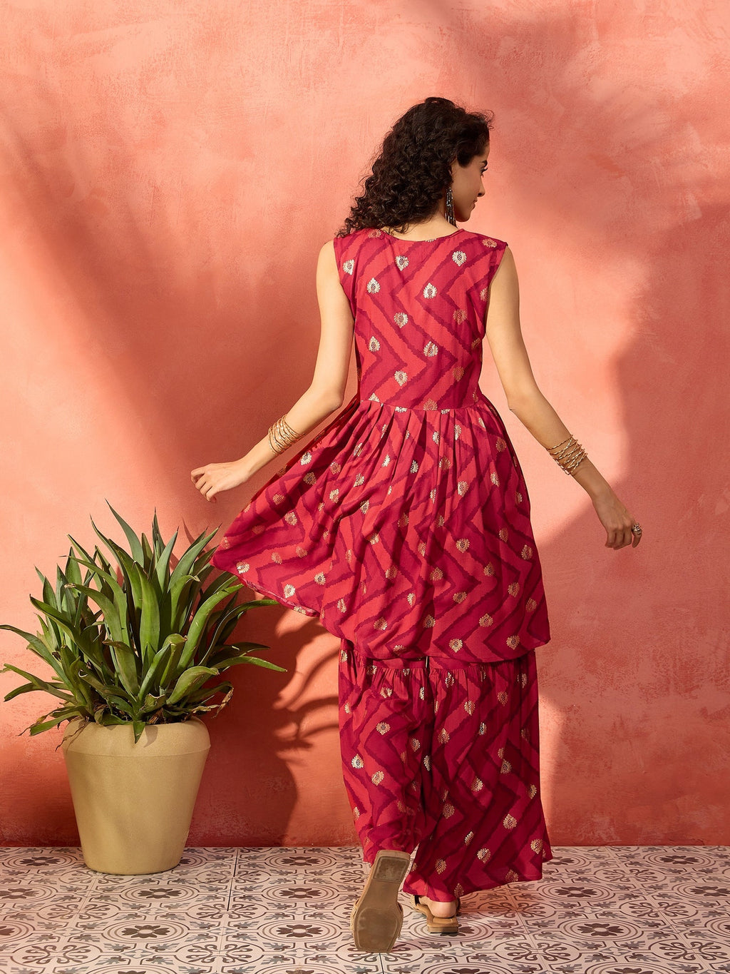 InWeave Maroon Burgundy Foil Boota Round Neck W/S Sharara Set