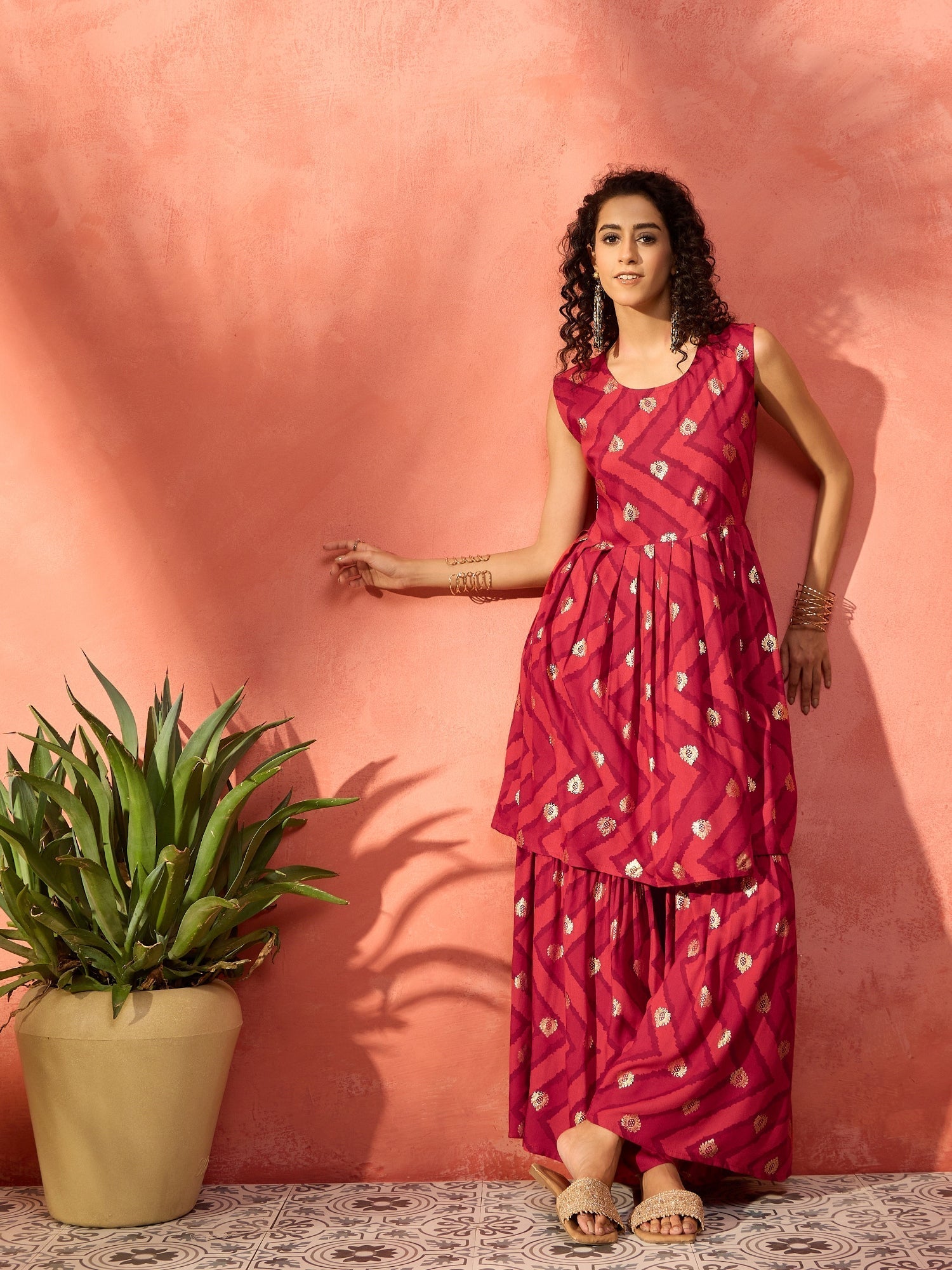 InWeave Maroon Burgundy Foil Boota Round Neck W/S Sharara Set