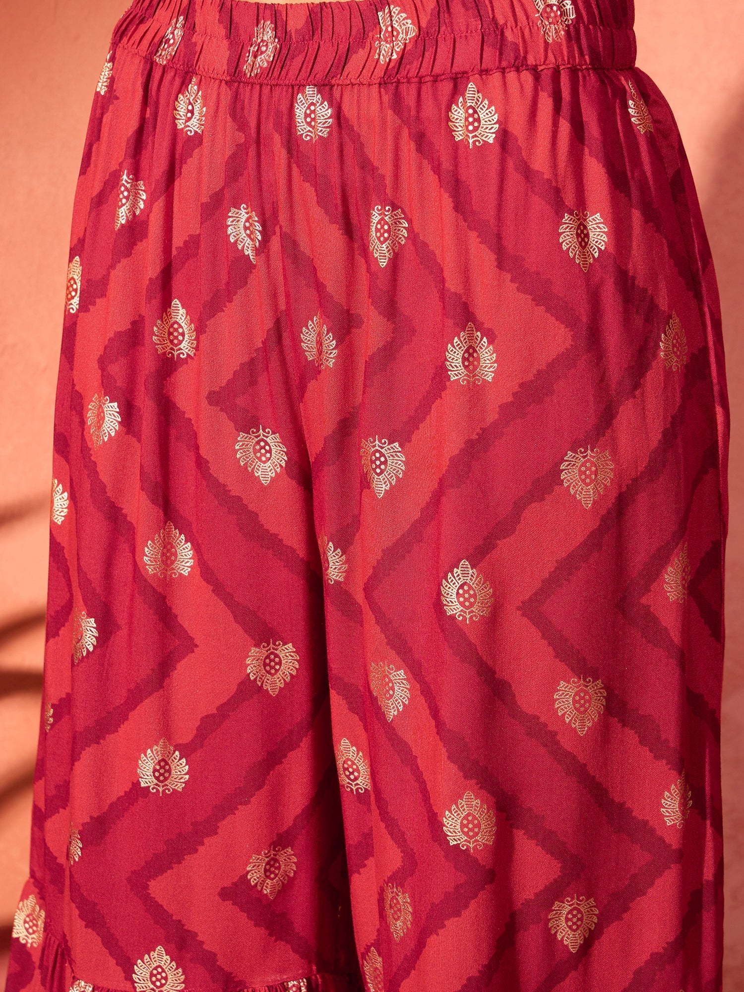 InWeave Maroon Burgundy Foil Boota Round Neck W/S Sharara Set