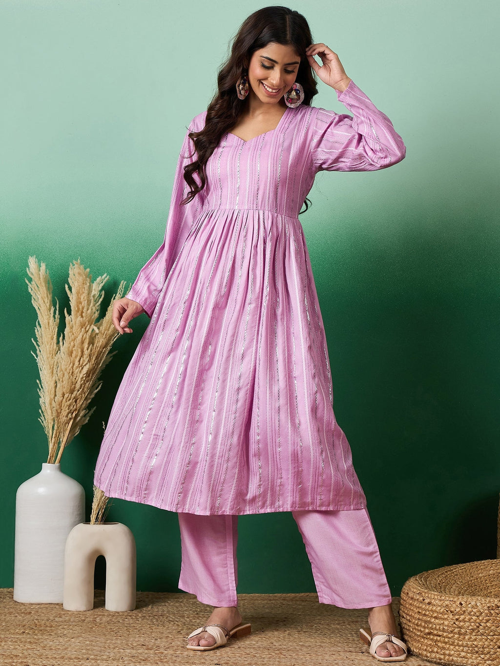 InWeave Lavender Lurex Sweetheart Neck Short Kurta Pant Set