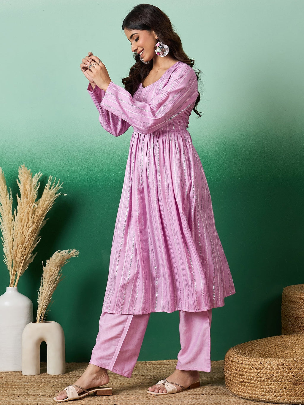 InWeave Lavender Lurex Sweetheart Neck Short Kurta Pant Set