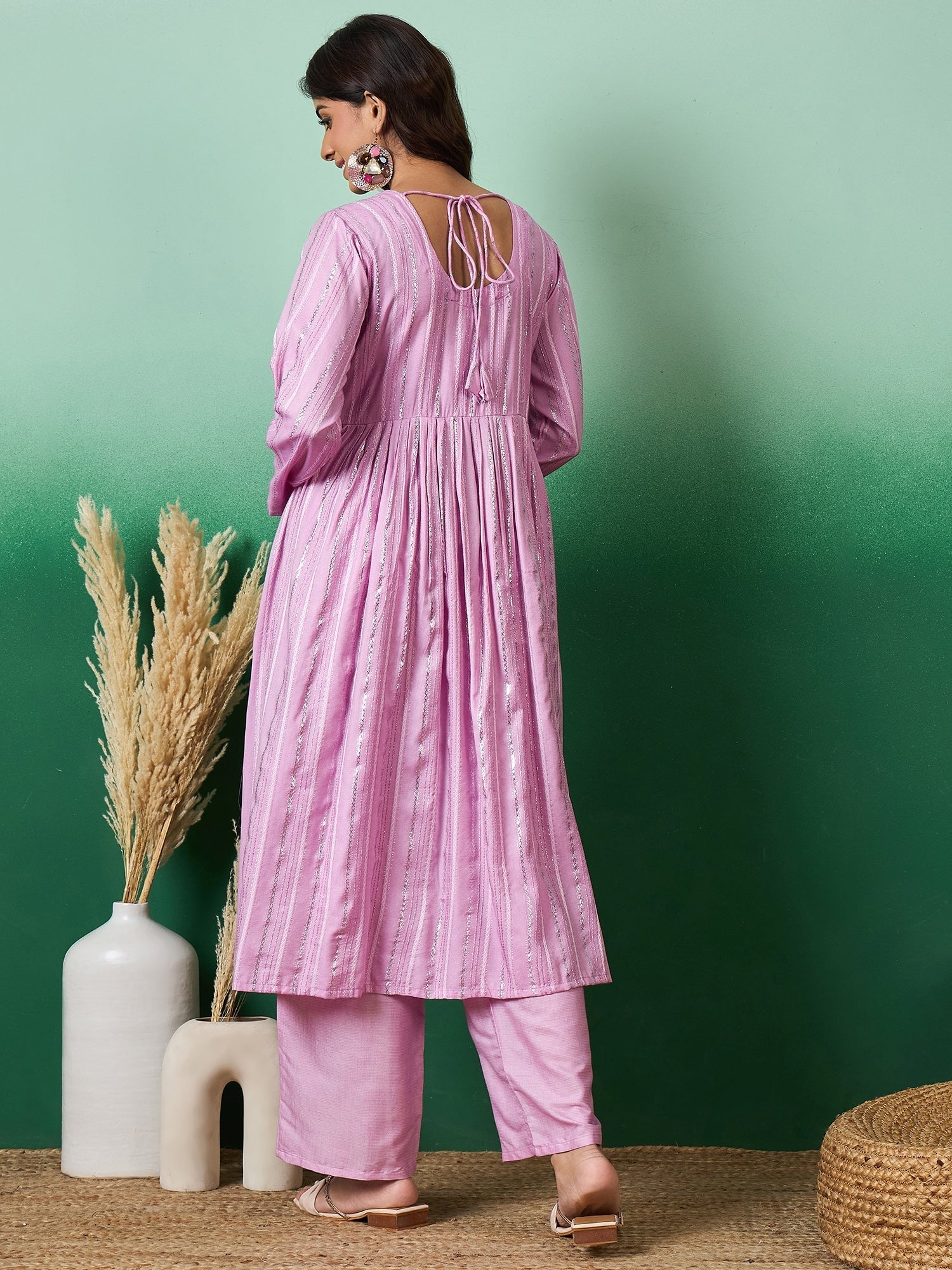 InWeave Lavender Lurex Sweetheart Neck Short Kurta Pant Set