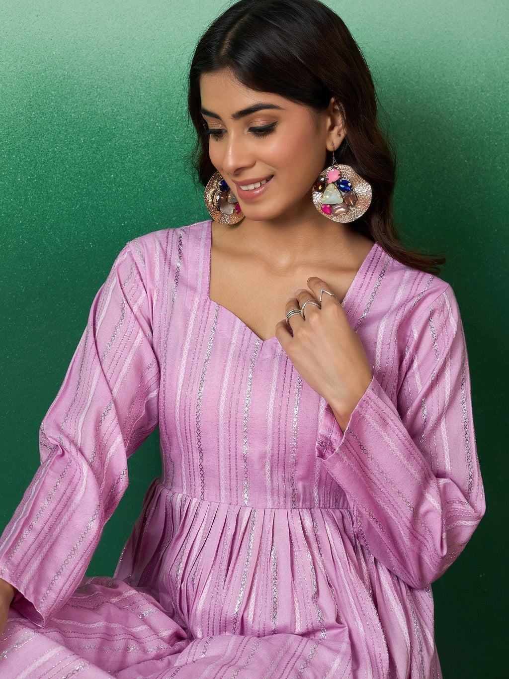 InWeave Lavender Lurex Sweetheart Neck Short Kurta Pant Set