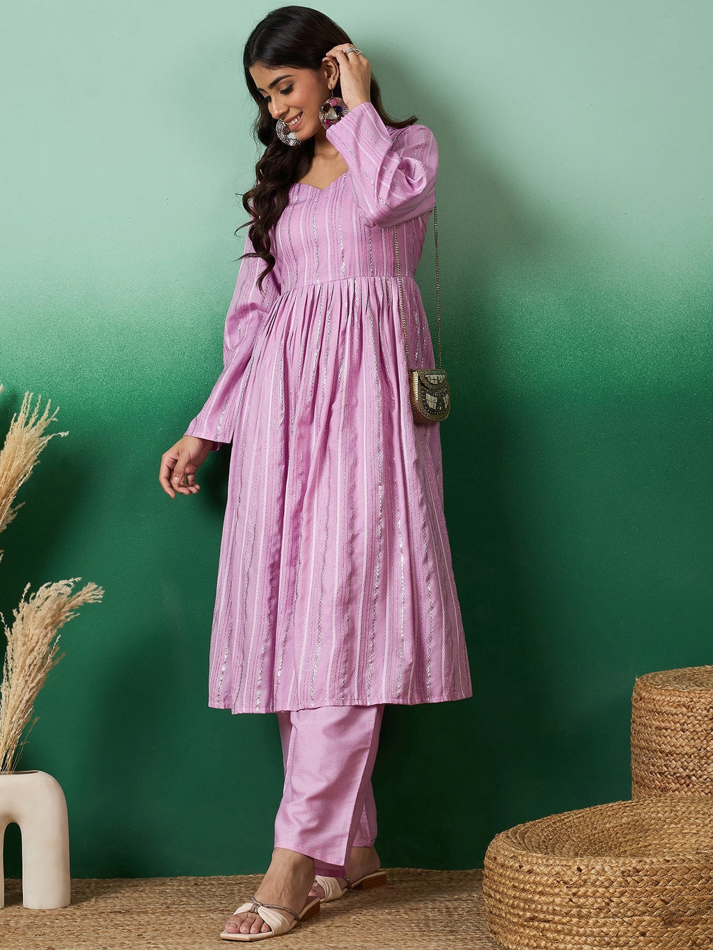 InWeave Lavender Lurex Sweetheart Neck Short Kurta Pant Set