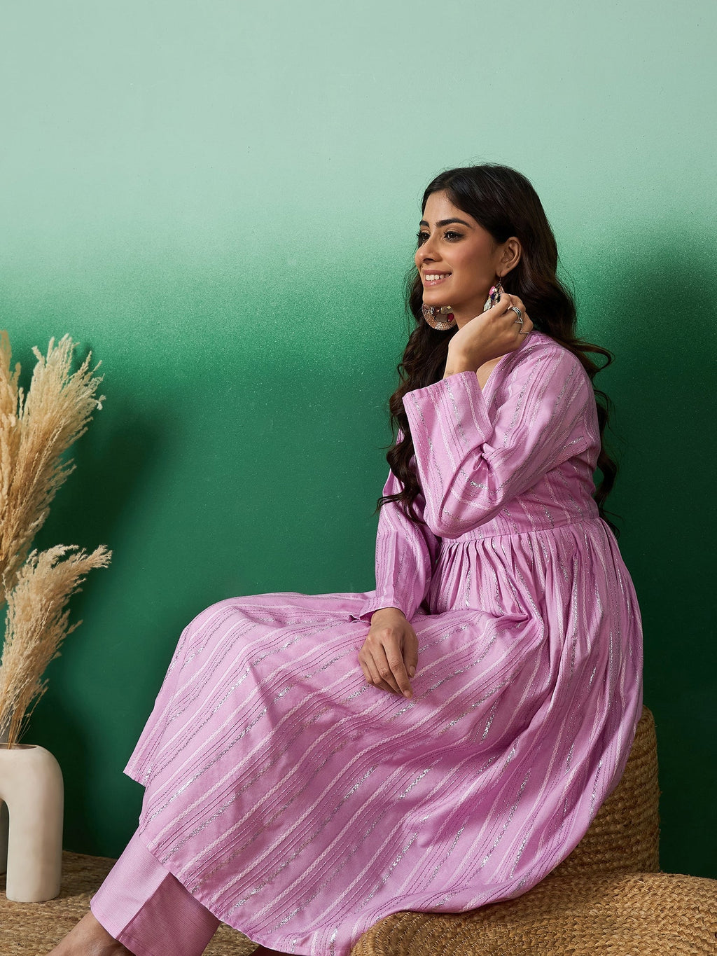 InWeave Lavender Lurex Sweetheart Neck Short Kurta Pant Set