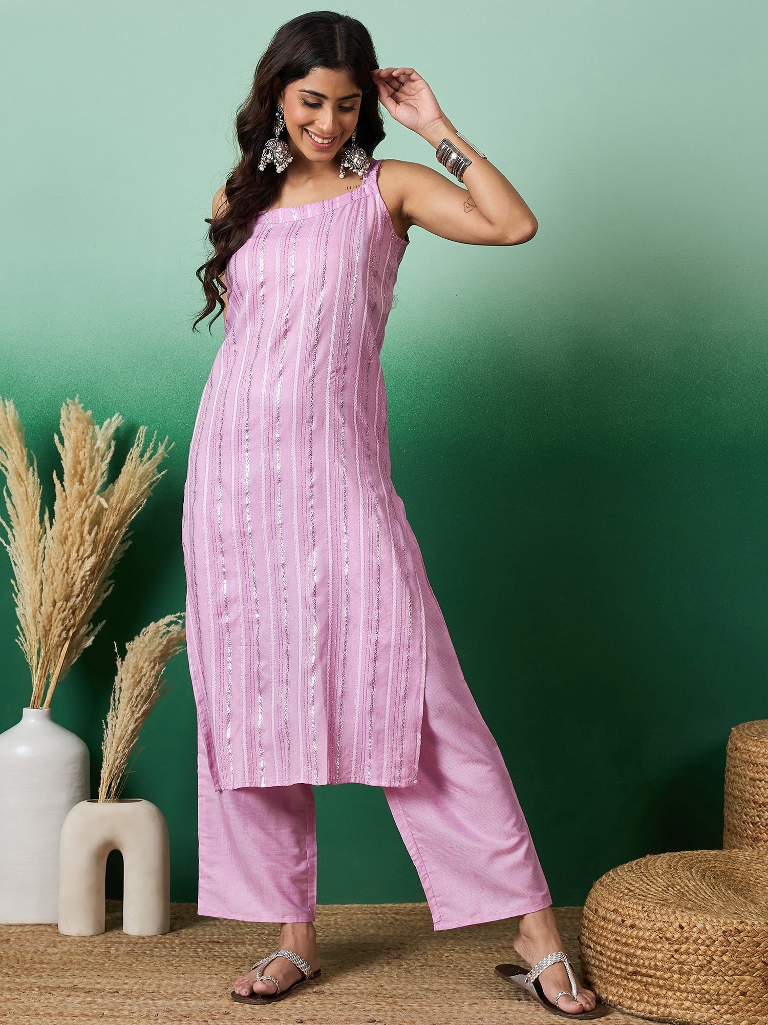 InWeave Lavender Lurex Thick Strappy Straight Kurta Pant Set