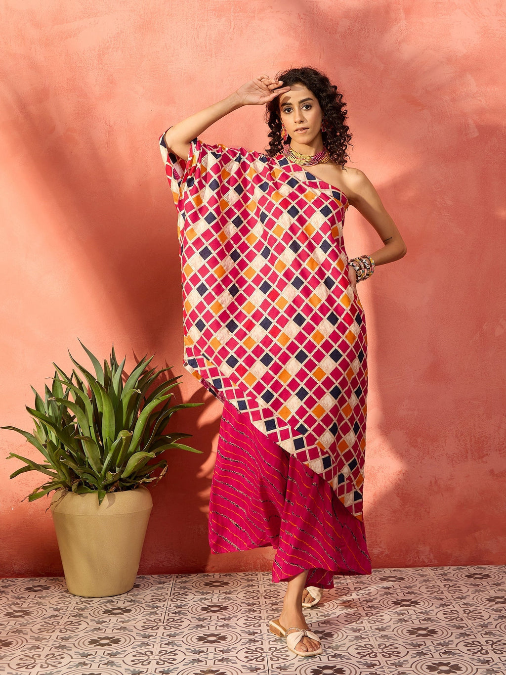 InWeave Fuchsia Multi Check Foil One Shoulder Leh Palazzo Set