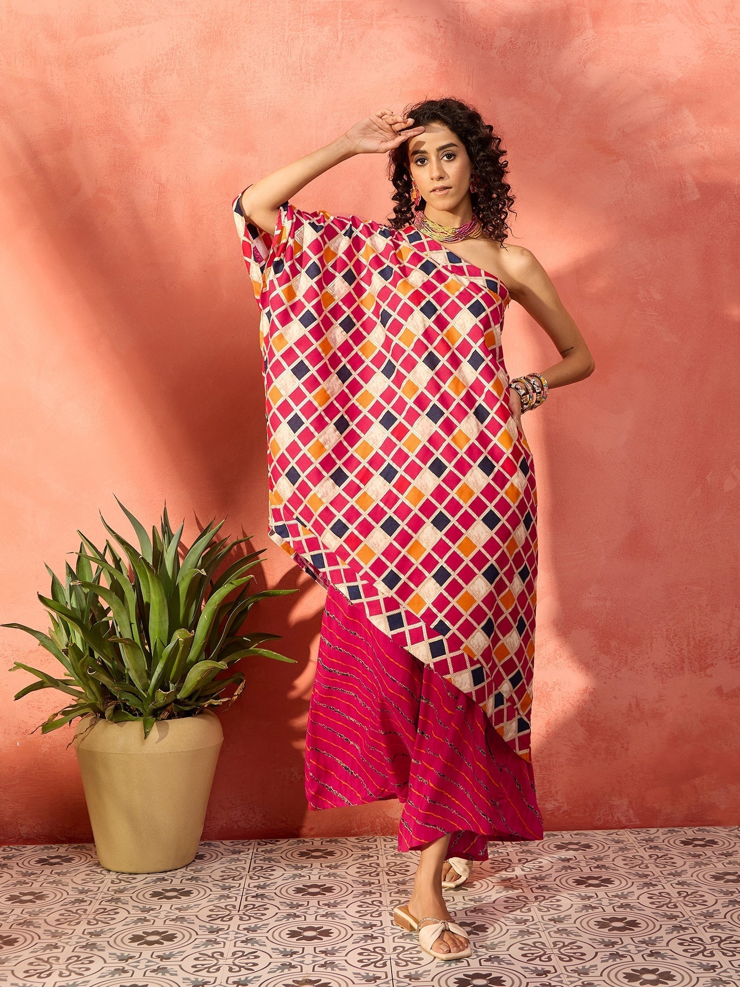 InWeave Fuchsia Multi Check Foil One Shoulder Leh Palazzo Set