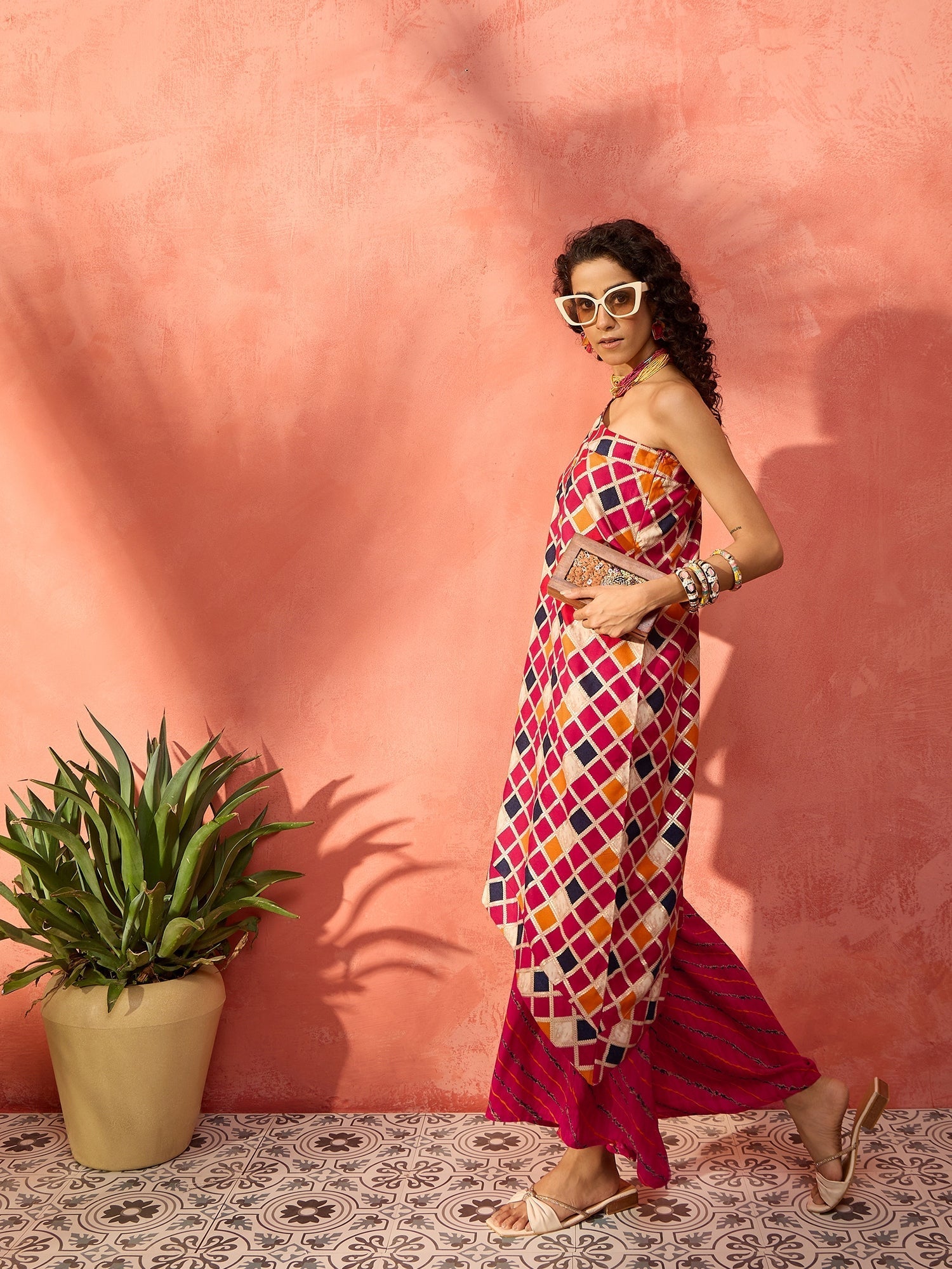InWeave Fuchsia Multi Check Foil One Shoulder Leh Palazzo Set