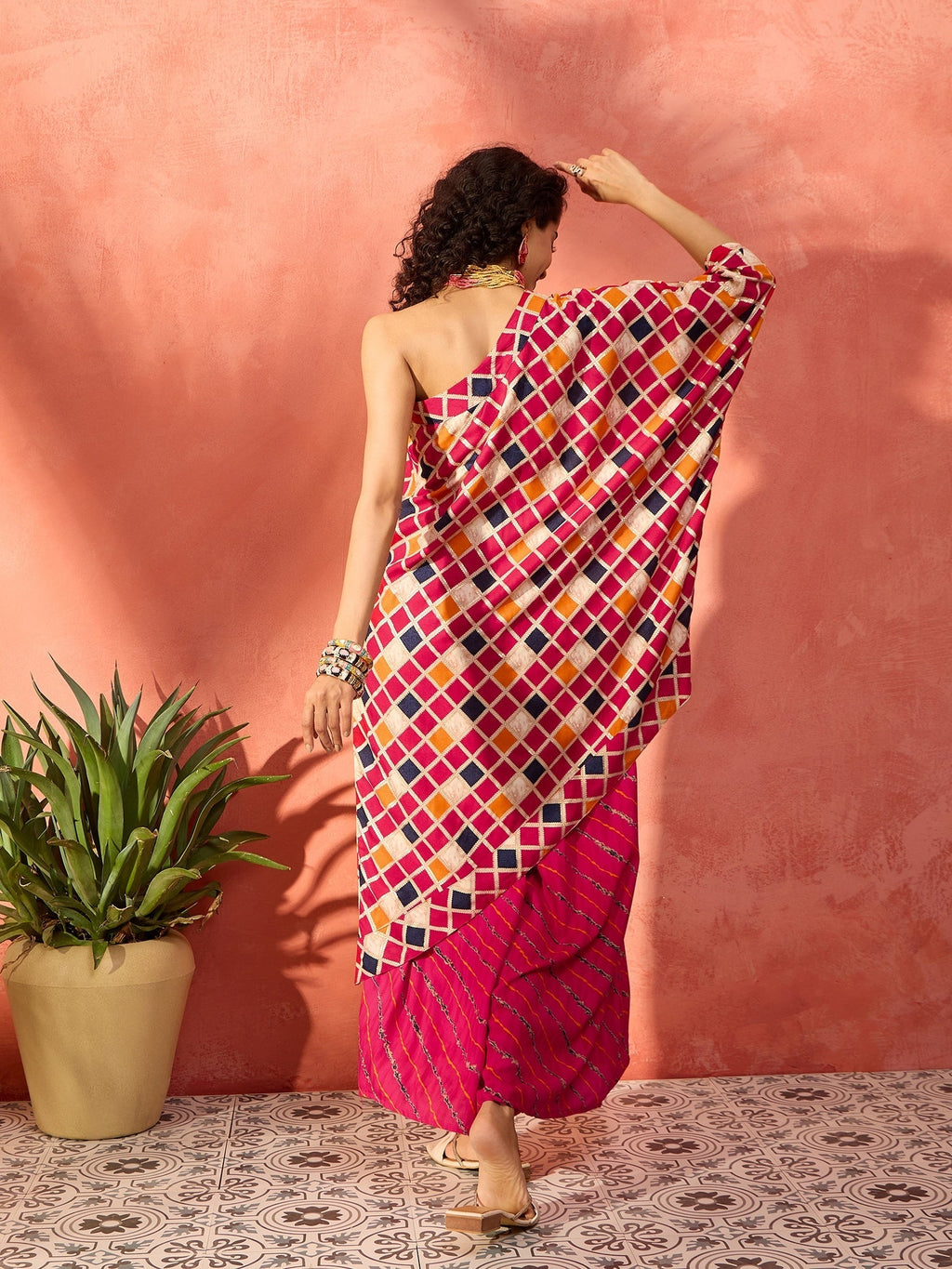 InWeave Fuchsia Multi Check Foil One Shoulder Leh Palazzo Set