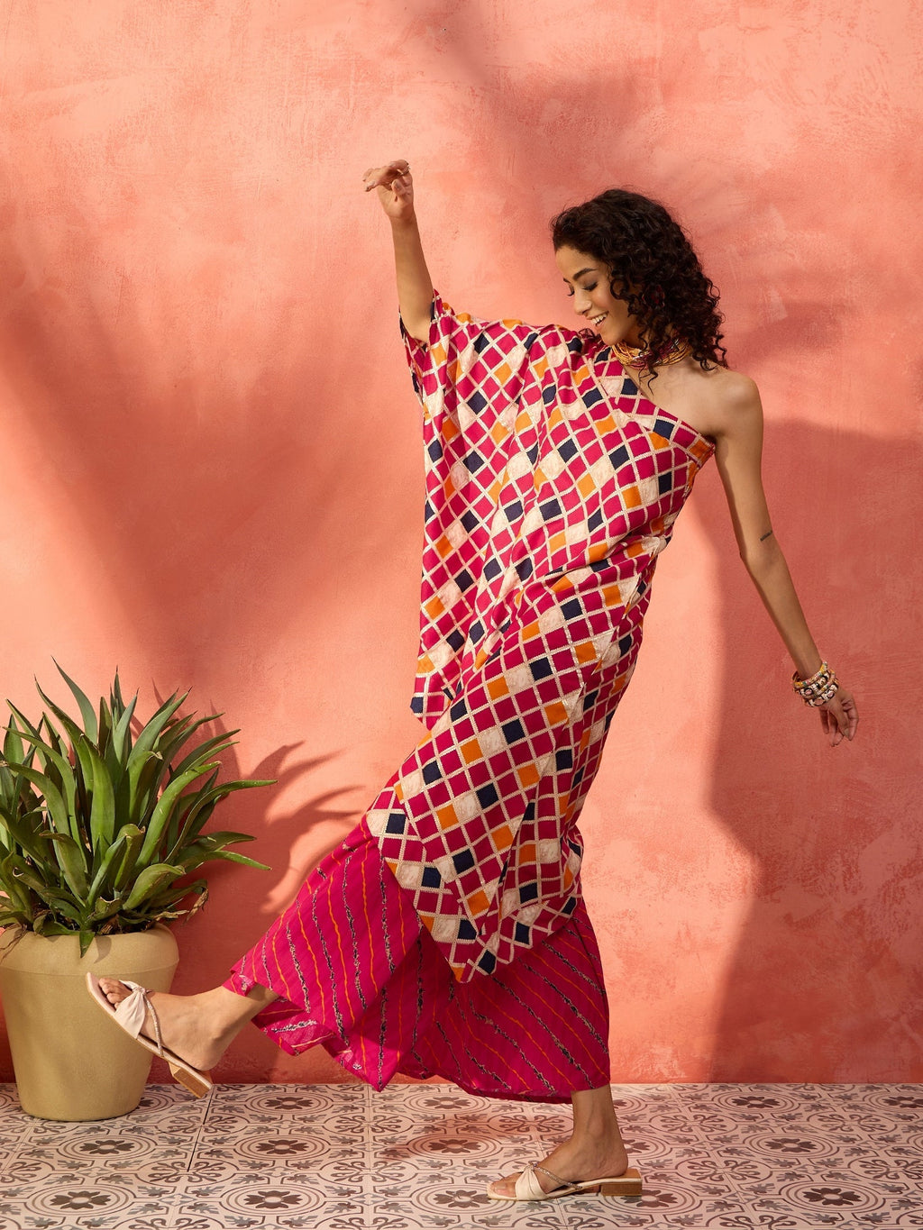 InWeave Fuchsia Multi Check Foil One Shoulder Leh Palazzo Set