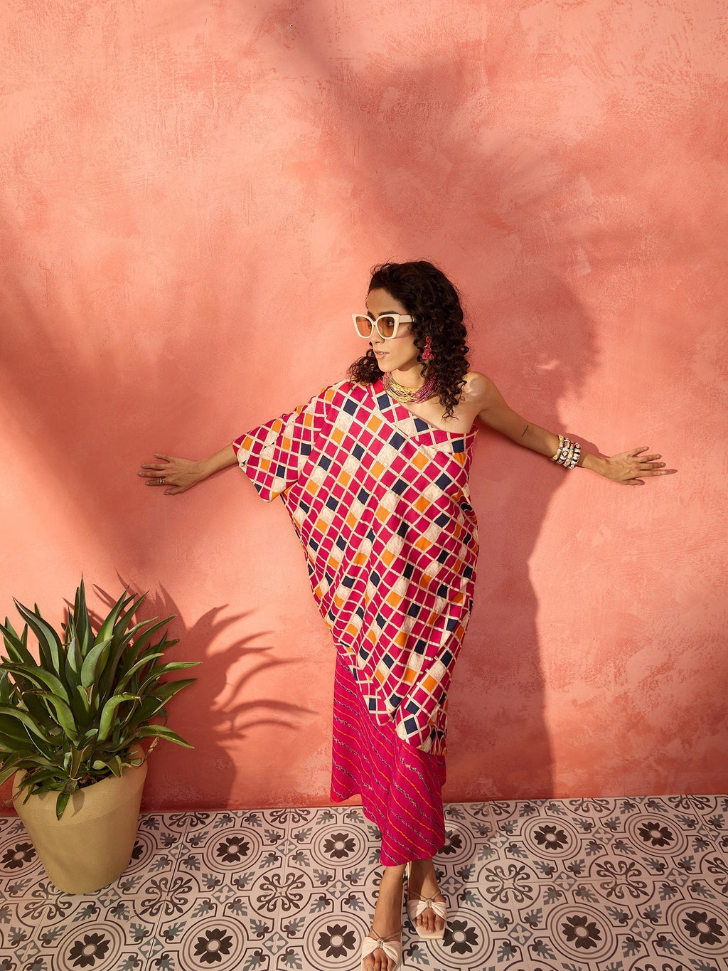 InWeave Fuchsia Multi Check Foil One Shoulder Leh Palazzo Set