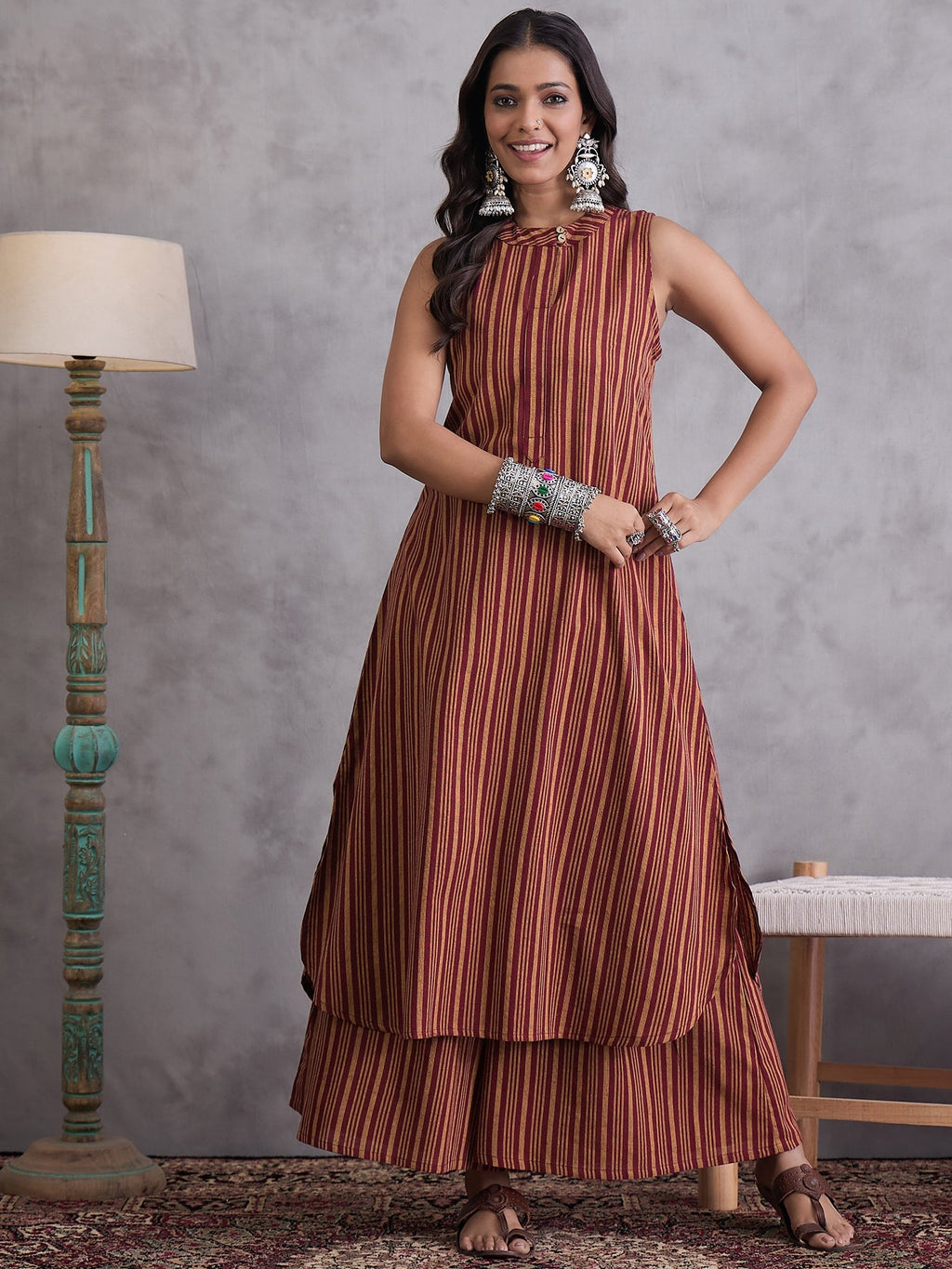 InWeave Maroon Orange Striped Kurta Set