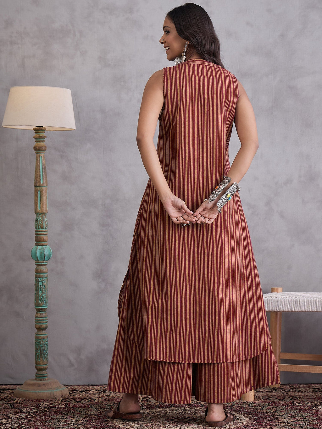 InWeave Maroon Orange Striped Kurta Set