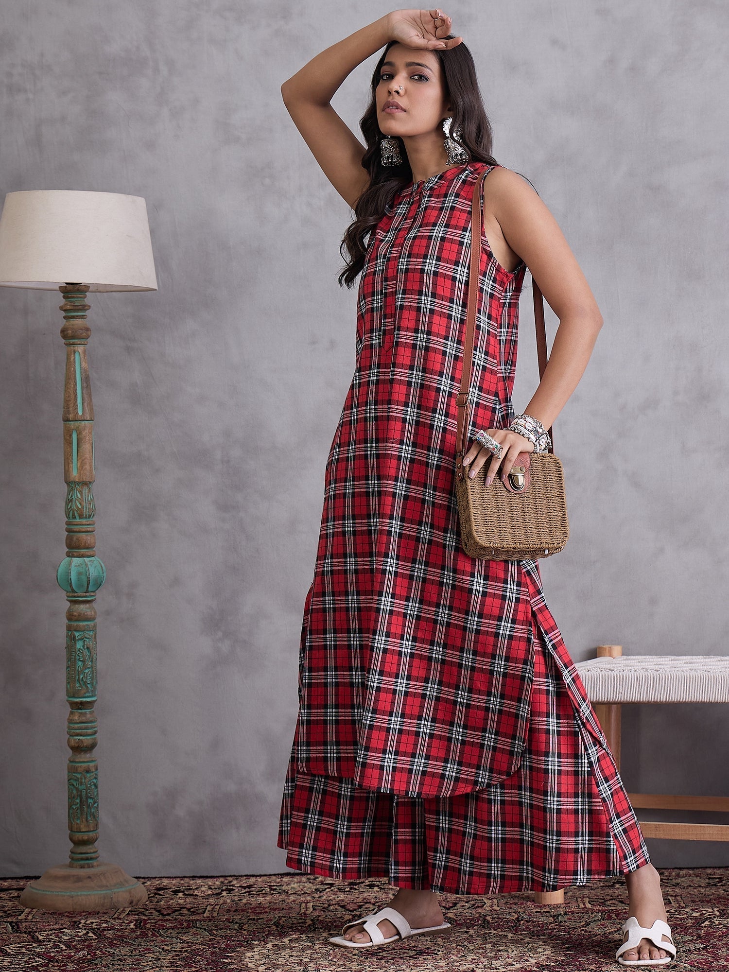 InWeave Red Black Check Kurta Set