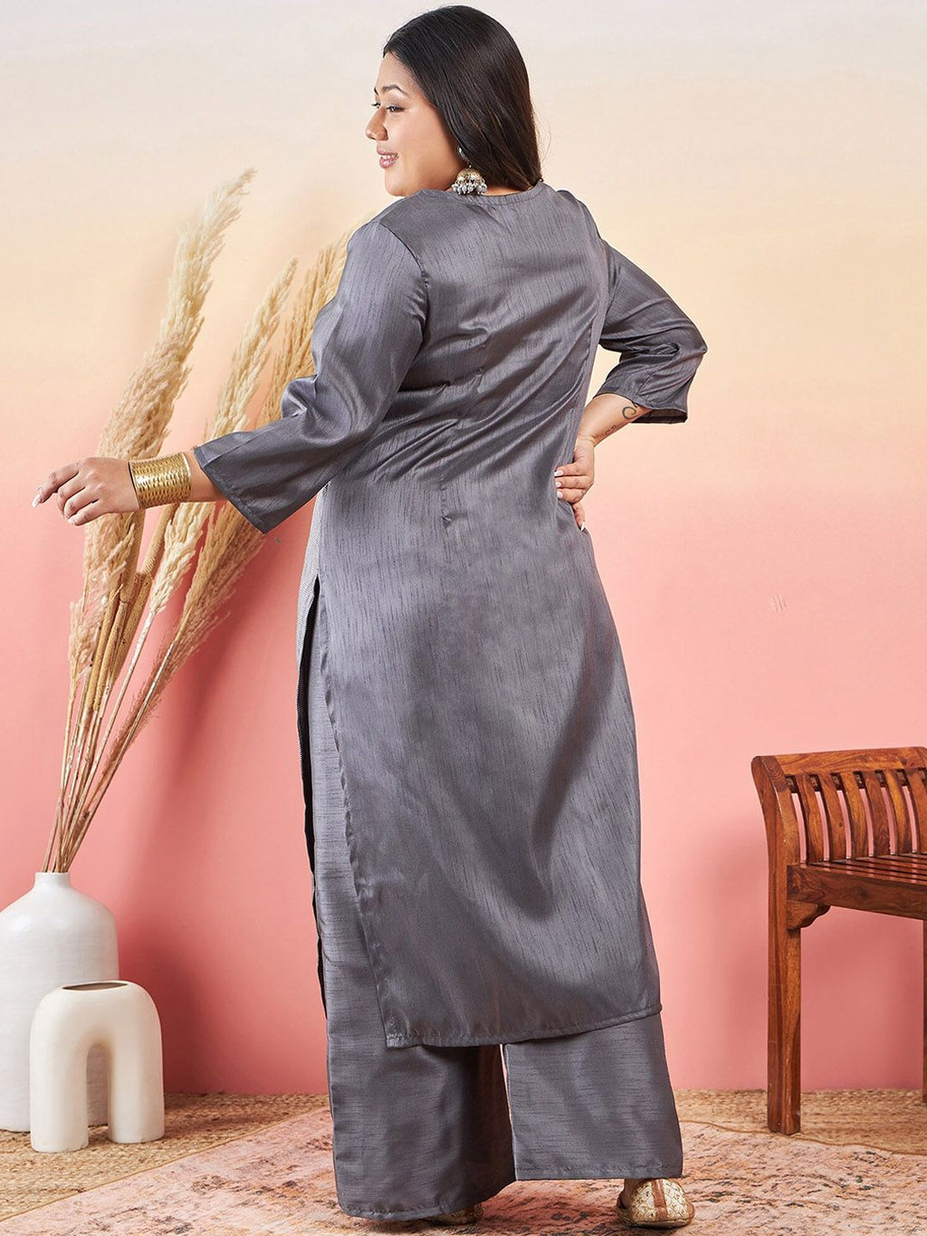 Sztori Ethnic Motifs Printed Notched Neck Straight Kurta With Palazzo