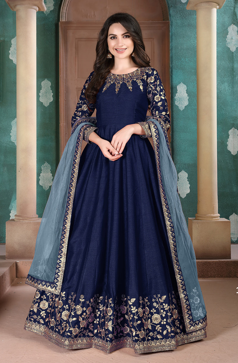 Monjolika Fashion Navy Blue Color Silk Embroidered Anarkali Suit
