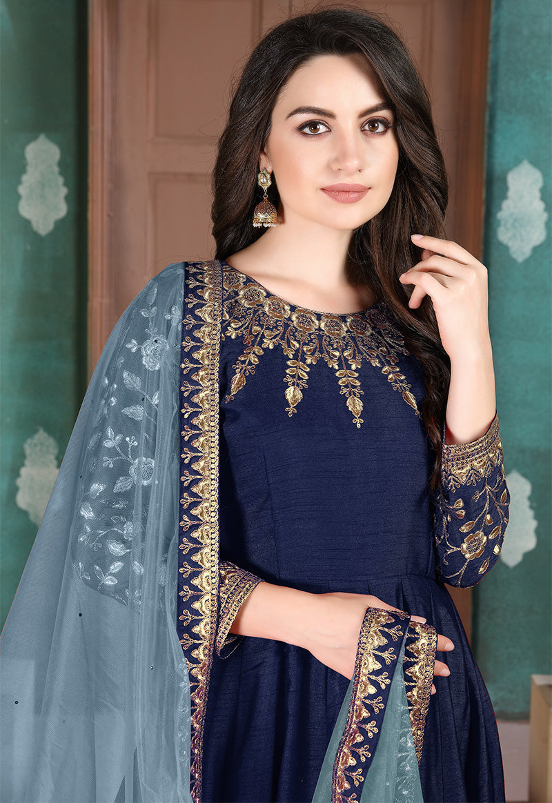 Monjolika Fashion Navy Blue Color Silk Embroidered Anarkali Suit