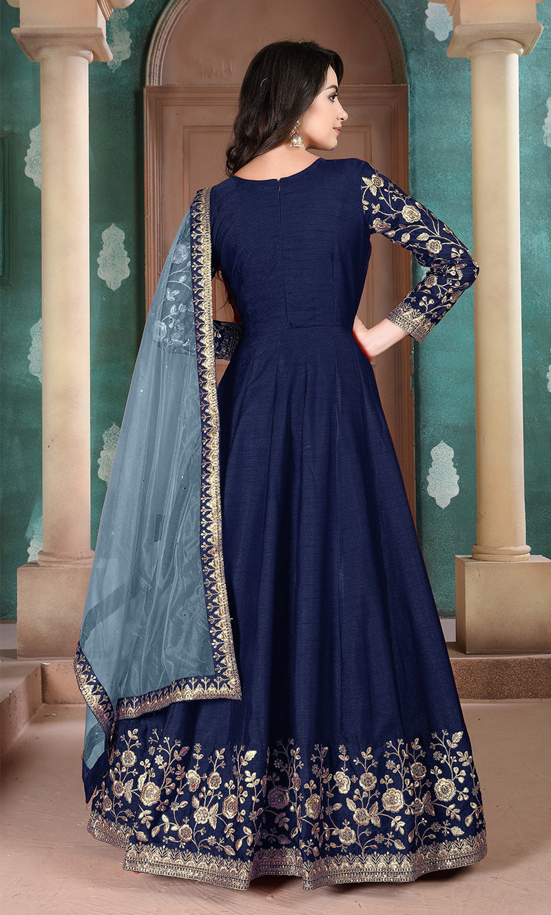 Monjolika Fashion Navy Blue Color Silk Embroidered Anarkali Suit